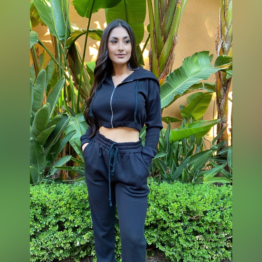 Women's Black Hoodie and Jogger Waffle Set